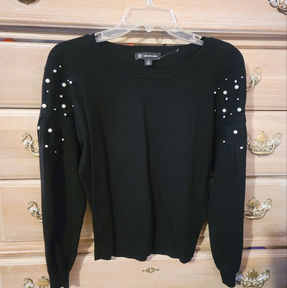 INC Black Sweater with Peral & Silver Balls Size XS